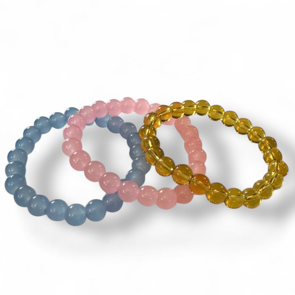 Blue Pink & Golden Yellow Bohemian Handmade Set Of 3 Stretch Bracelets
